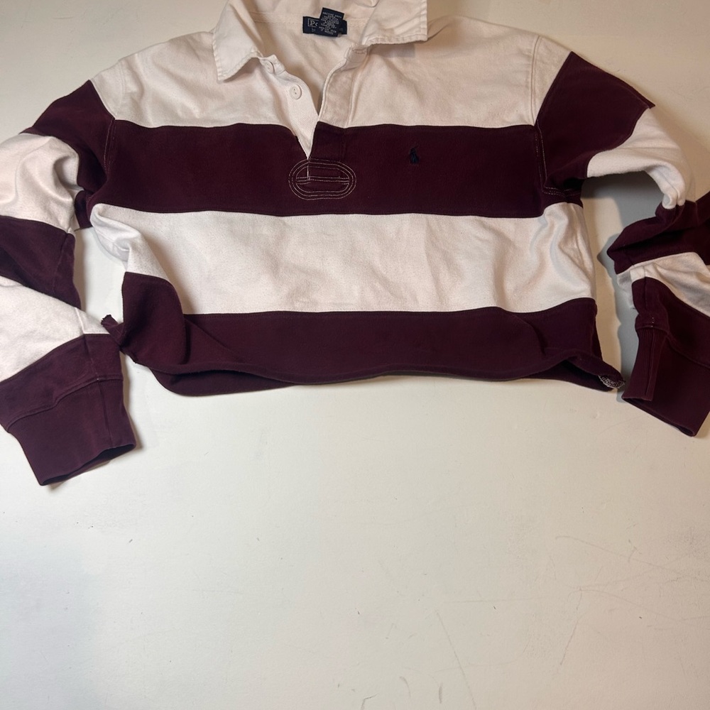 Ralph Lauren Maroon and Cream Striped Cropped Rugby M/L
